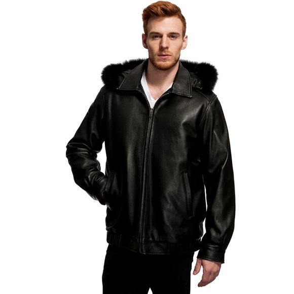 Black Lamb Leather Hooded Bomber with Fox Fur Trim